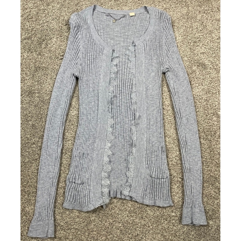 Knitted & Knotted Sweater Womens Medium Cardigan Eyelash Lace Open Ribbed Slim